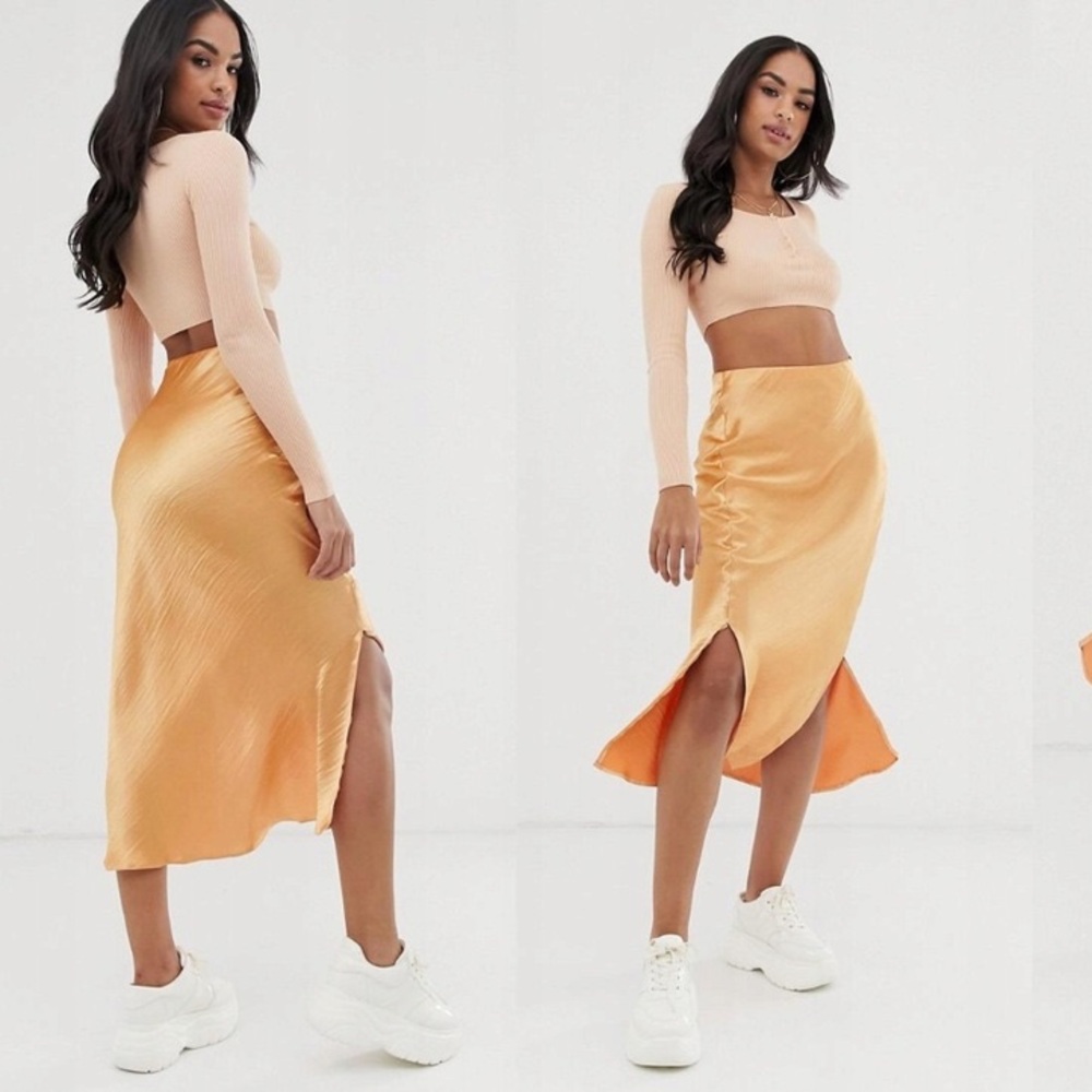 ASOS Orange Satin High Waist Midi Skirt with double side slits - Picture 2 of 7
